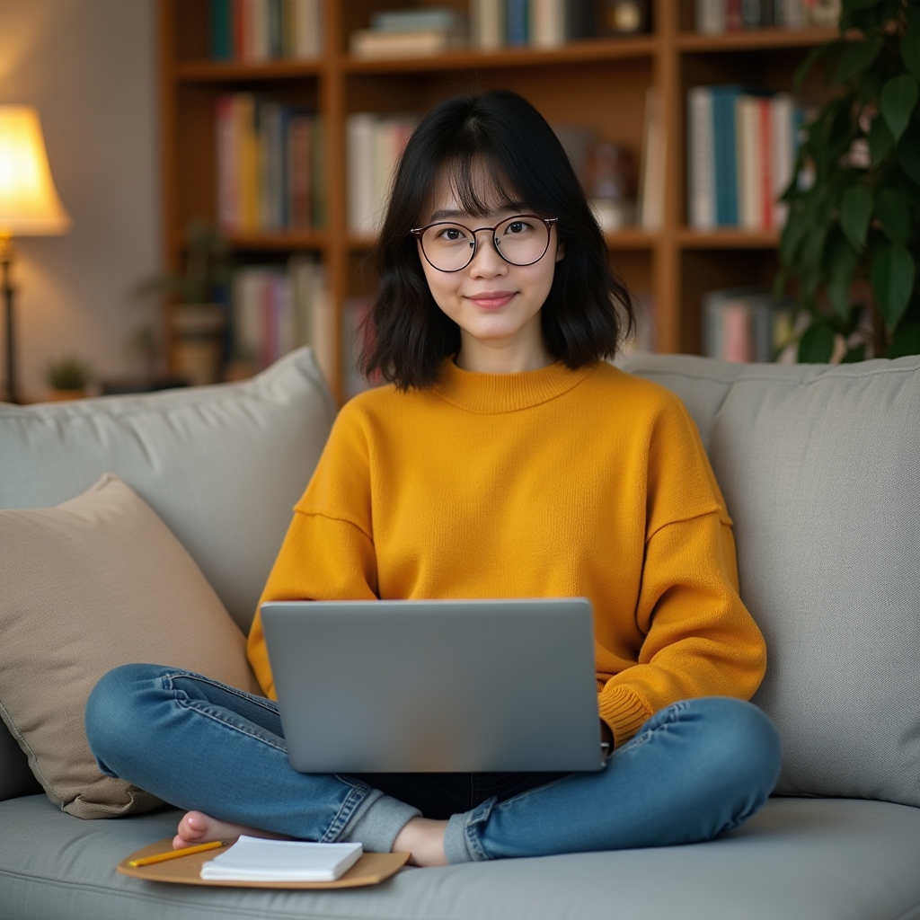 Young woman engaged with online course content on a laptop