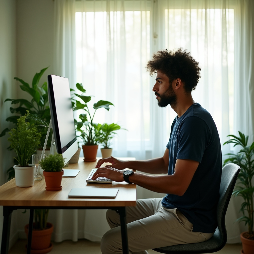 Focused professional at a tidy workspace surrounded by plants