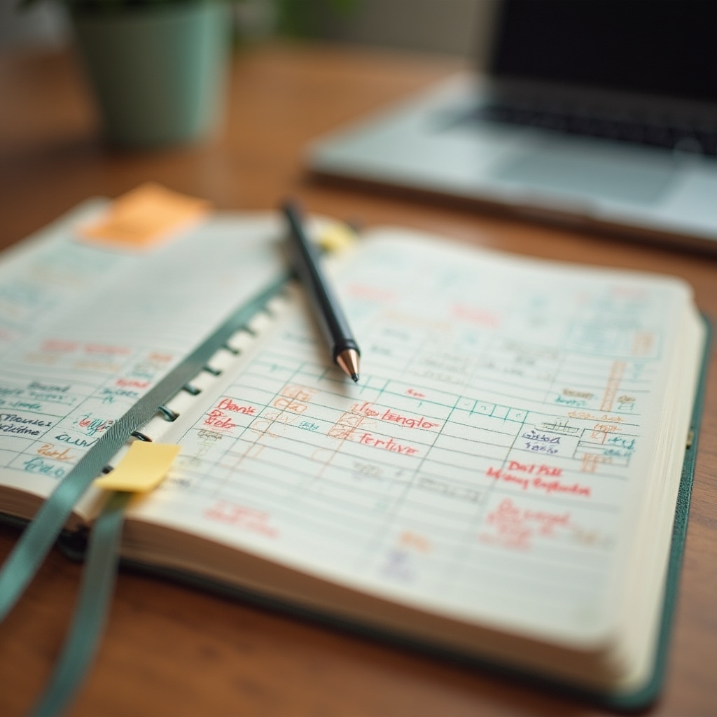 Close-up of a habit tracking journal with colorful markers