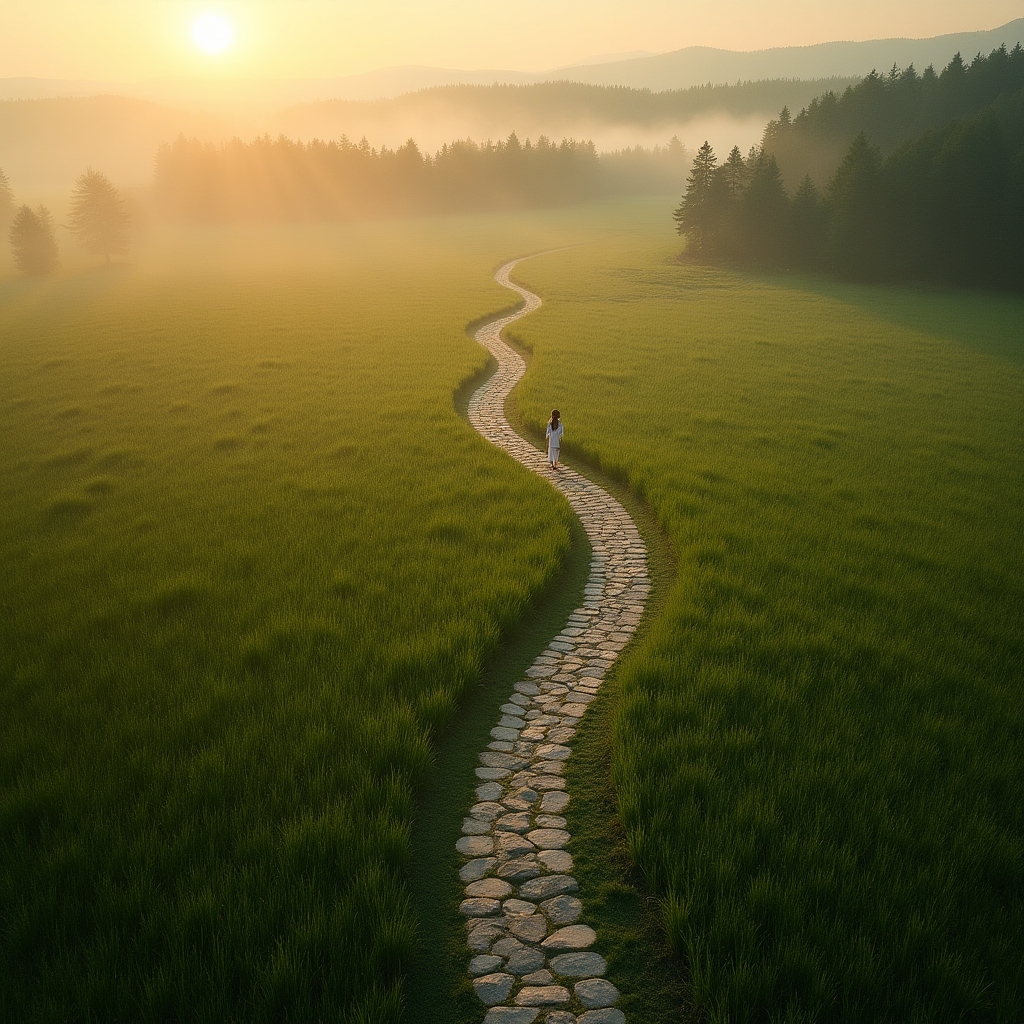 Aerial view of a person walking on a long path through a green landscape, forward motion