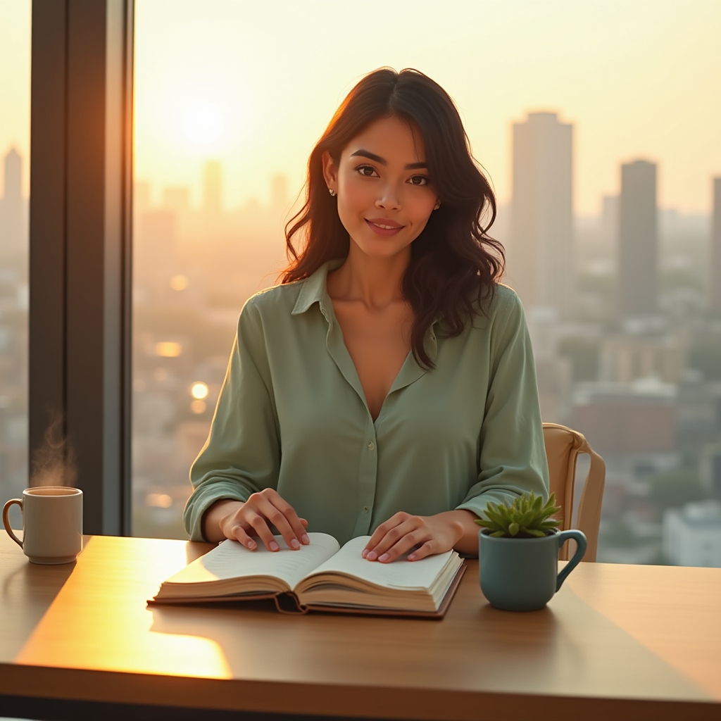 Person beginning a calm morning routine at a sunlit desk