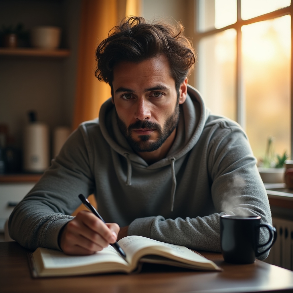 Person returning to their journal after a break, calm expression, morning light