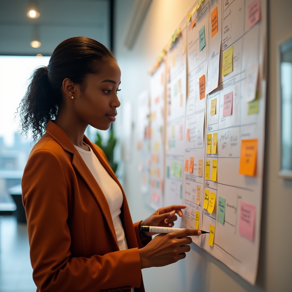 Person mapping out a weekly routine on a large planning board